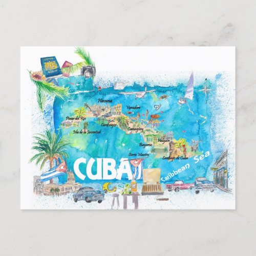 Cuba Antilles Illustrated Travel Map with Roads  Postcard