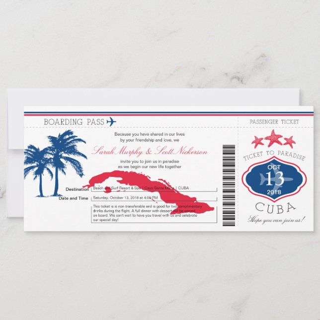Cuba Boarding Pass Wedding Invitation (Front)