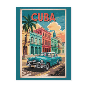 Cuba Classic Car Illustration Travel Art Vintage Postcard