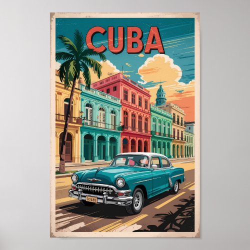 Cuba Classic Car Illustration Travel Art Vintage