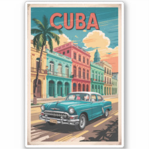 Cuba Classic Car Illustration Travel Art Vintage Sticker