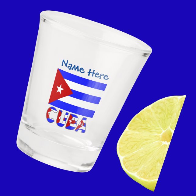 Cuba Cuban Flag Light Blue Personalized  Shot Glass (Shot glass with Cuban Flag and word CUBA below in flag colors. Add name above in blue text.)