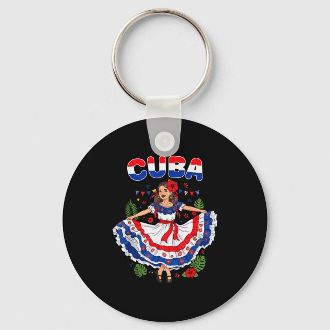 Cuba Cuban Girl Traditional Dress Trocal Flowers  Keychain (Front)
