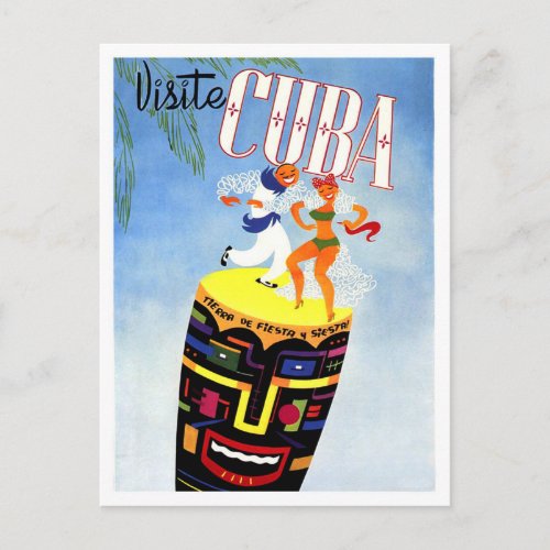 Cuba dancing couple on drum vintage travel postcard