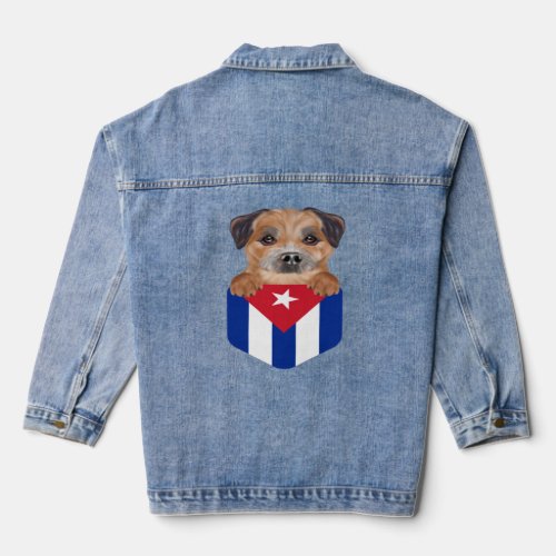 Cuba Flag Border Terrier Dog In Pocket  Denim Jacket