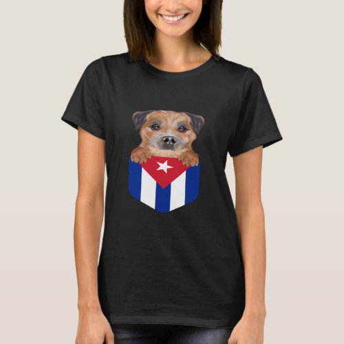 Cuba Flag Border Terrier Dog In Pocket  T_Shirt