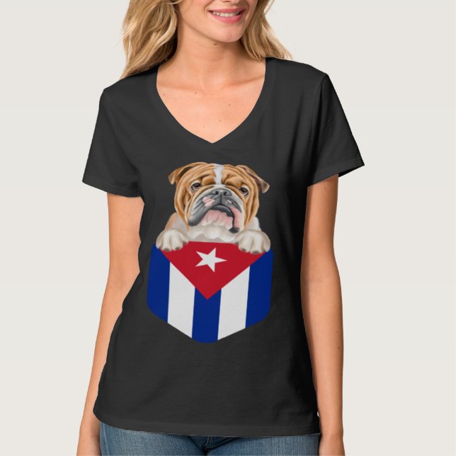 Cuba Flag Bulldog Dog In Pocket T-Shirt (Front)