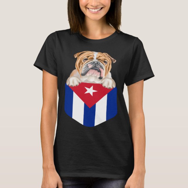 Cuba Flag Bulldog Dog In Pocket T-Shirt (Front)