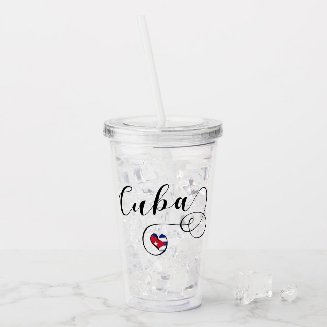 Cuba Flag Heart Script, Cuban Flag Acrylic Tumbler (Front Ice)