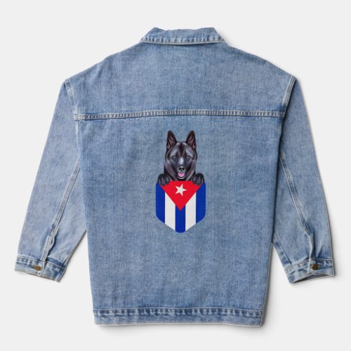 Cuba Flag Norwegian Elkhound Dog In Pocket  Denim Jacket