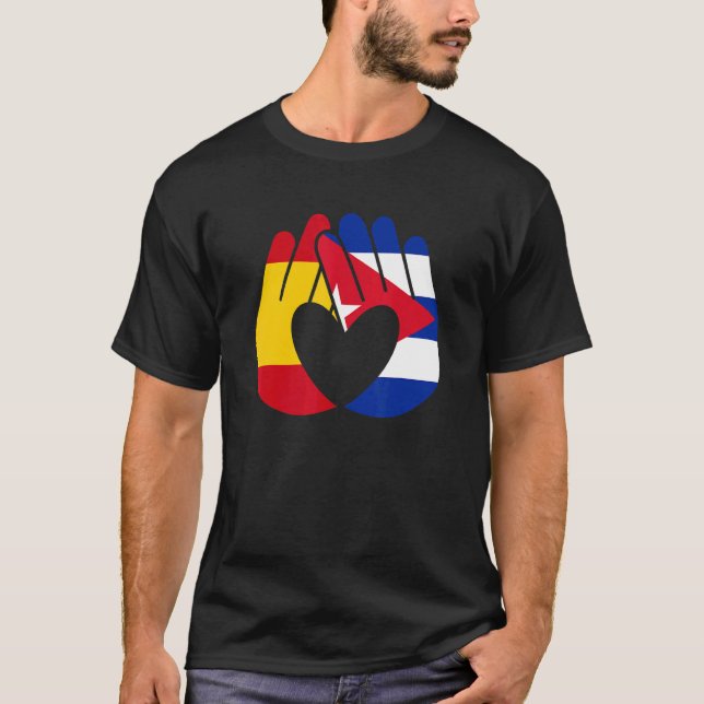 Cuba Flag Spain Flag Friendship Brotherhood Hands  T-Shirt (Front)