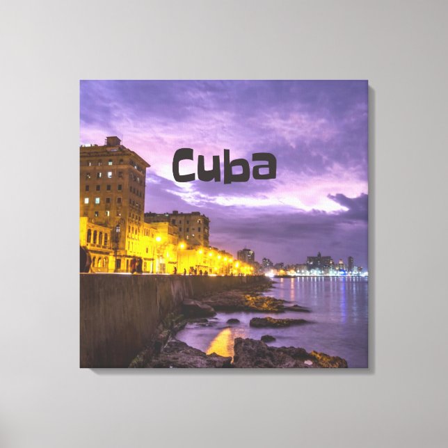 Cuba Havana Shoreline Citylights At Night Canvas Print (Front)