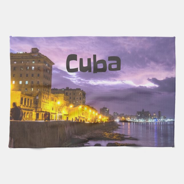 Cuba Havana Shoreline Citylights At Night Kitchen Towel (Horizontal)