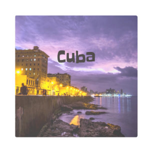 Cuba Havana Shoreline Citylights At Night Metal Print