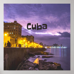 Cuba Havana Shoreline Citylights At Night Poster