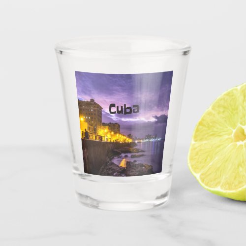 Cuba Havana Shoreline Citylights At Night Shot Glass