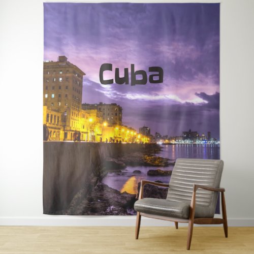 Cuba Havana Shoreline Citylights At Night Tapestry