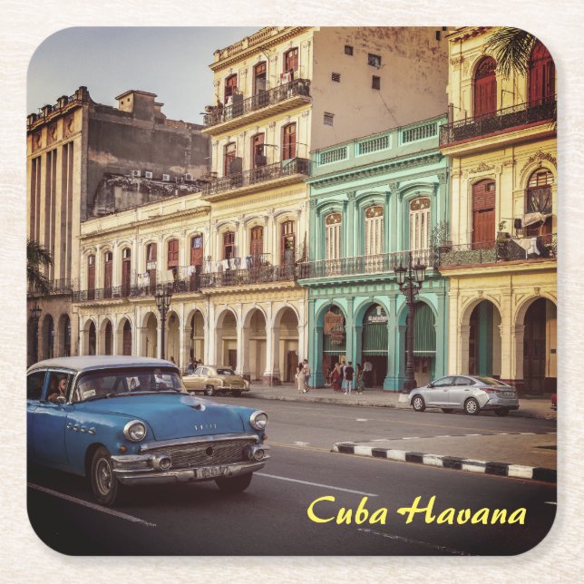 Cuba Havana Vintage Classic Car Cityscape Square Paper Coaster (Front)