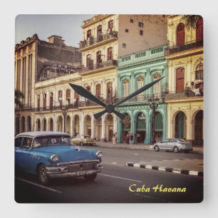 Cuba Havana Vintage Classic Car Cityscape Square Wall Clock