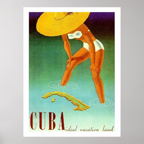 Cuba Isle bikini girl in big yellow hat vintage Poster