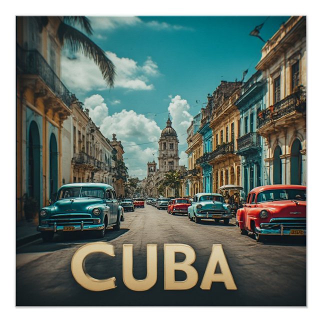 Cuba Seaside Palace at Sunset With Palm Trees Poster (Front)