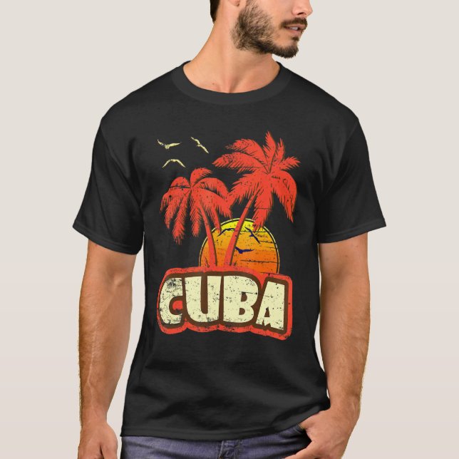 Cuba Summer Palm Trees 80s Beach Sunset T-Shirt (Front)