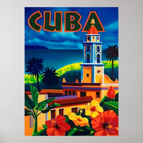 Cuba tropic isle city tower vintage travel poster