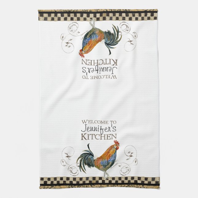 Cubalaya Rooster Black & Tan Check Swirl Kitchen Towel (Vertical)
