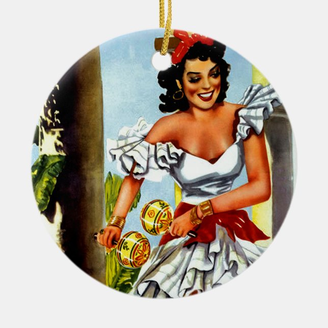 Cuban Dancer Vintage Travel Ceramic Ornament (Front)