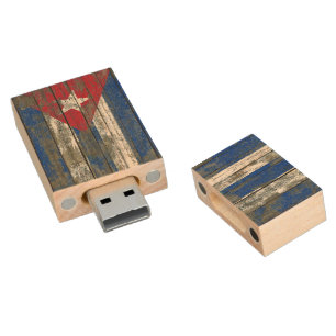 Cuban Flag on Rough Wood Boards Effect Flash Drive