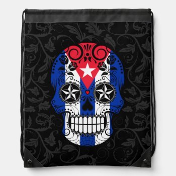 Cuban Flag Sugar Skull With Roses Drawstring Bag by UniqueFlags at Zazzle
