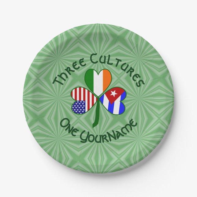 Cuban Irish American Flags Shamrock Personalized  Paper Plates (Front)