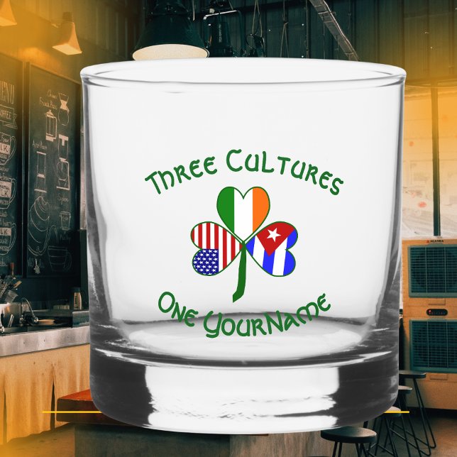 Cuban Irish USA Flags Shamrock Personalize Text  Whiskey Glass (Creator Uploaded)