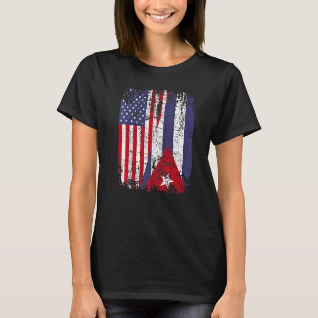 Cuban Roots Half American Flag Cuba Flag T-Shirt (Front)