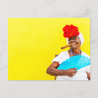 Cuban Woman Smoking A Cigar, Yellow Background Postcard
