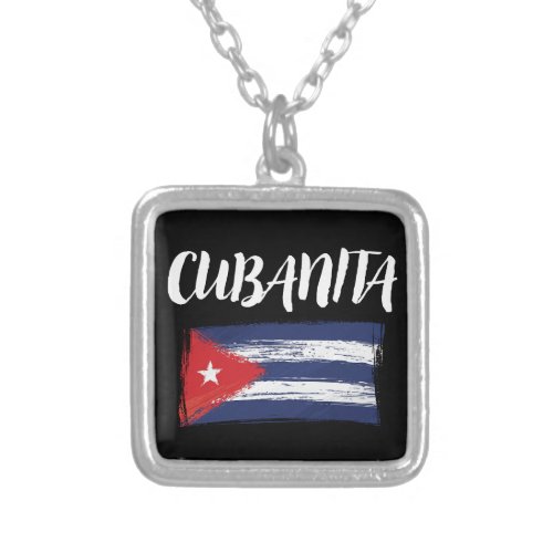 Cubanita Cuba Flag Cuban Girl Lettering Silver Plated Necklace