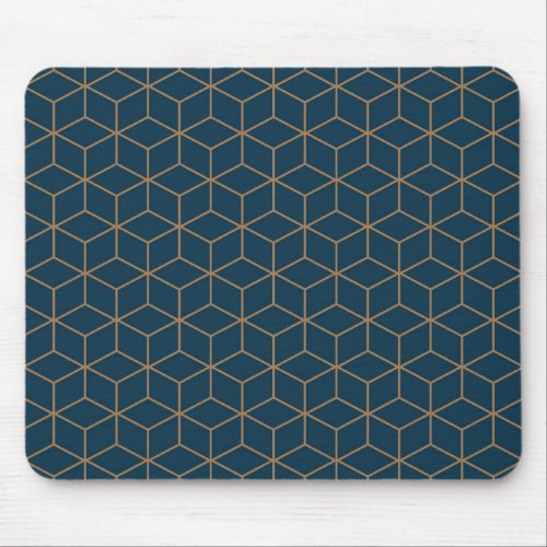 Cube Grid Outine In Gold And Blue Geometric Mouse Pad