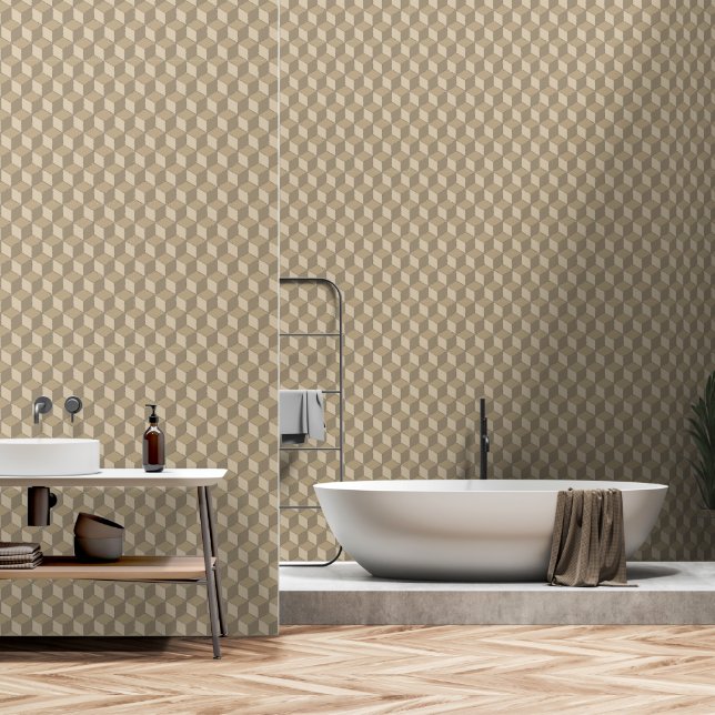 Cube isometric geometric pattern - beige crem dark wallpaper  (Bathroom)