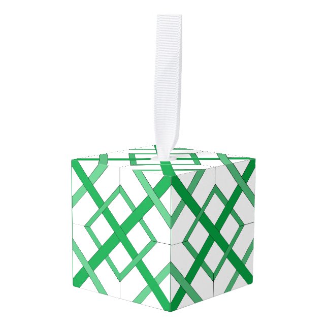 Cube Ornament - Green Interwoven Lattice (Front Angled)