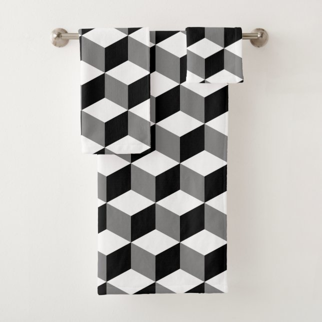 Cube Pattern Black White & Gray Bath Towel Set (Insitu)