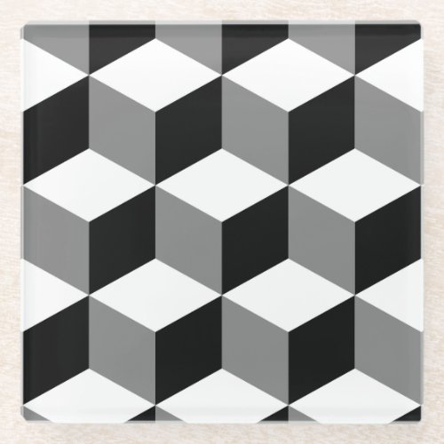 Cube Pattern Black White  Grey Glass Coaster