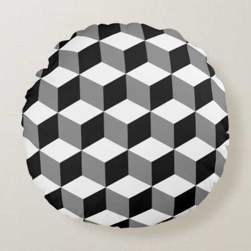 Cube Pattern Black White  Grey Round Pillow
