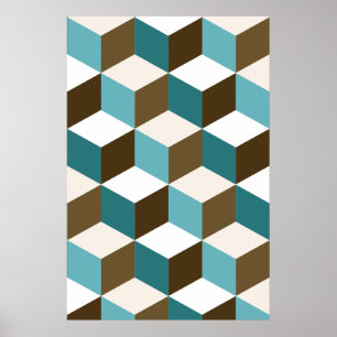 Cube Pattern Teals Browns White Poster