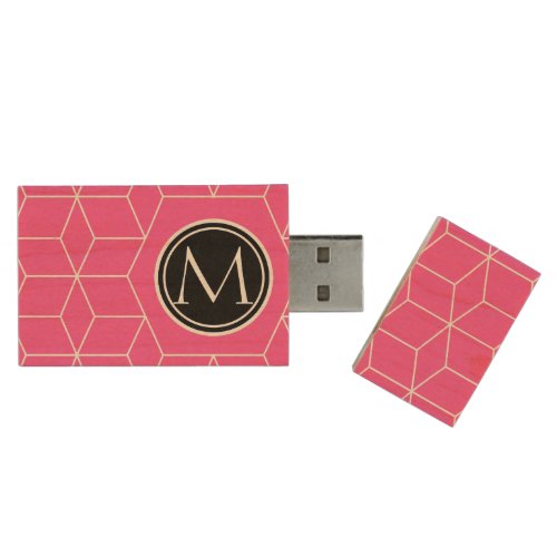 Cubes and Monogram Brilliant Rose Wood Flash Drive