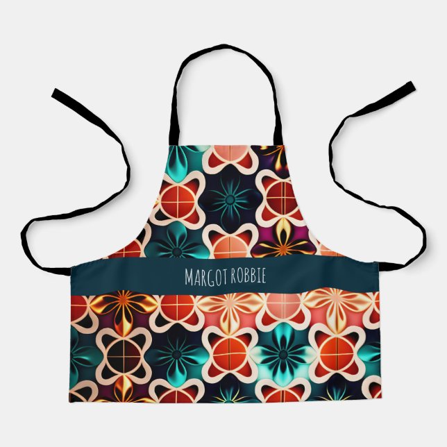 Cubic Flowers Red Floral Retro Pattern Apron (Front)