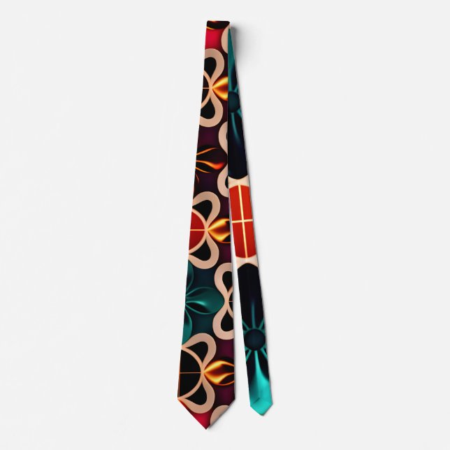 Cubic Flowers Red Floral Retro Pattern Neck Tie (Front)