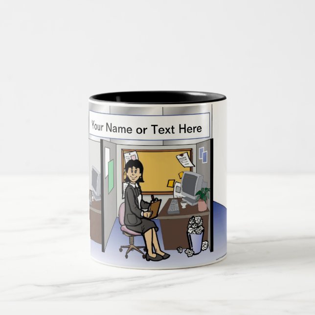 Cubicle Office Worker - Female Cartoon Two-Tone Coffee Mug (Center)