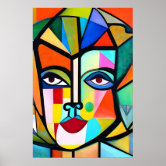 Colorful Abstract Face Cubism Red Purple Blue Cool Poster