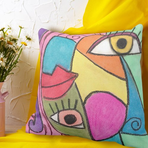 Cubism Face Bright Color Block Abstract Eyes Lips Outdoor Pillow