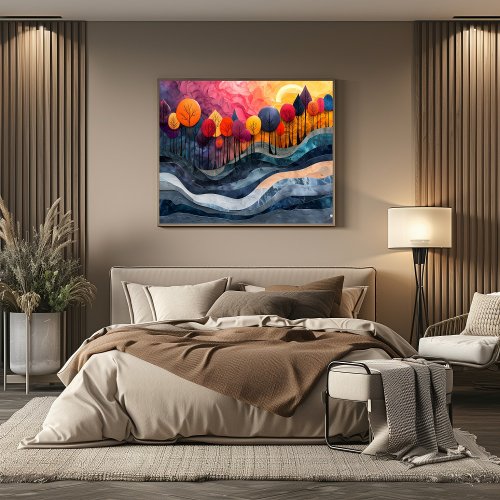 Cubism Forest of Vibrant Colors at Sunset Poster
